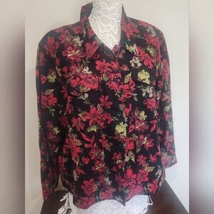 CJ Banks Soft Black Jacket with Red and Green Floral Pattern 100% Cotton Sz 1x